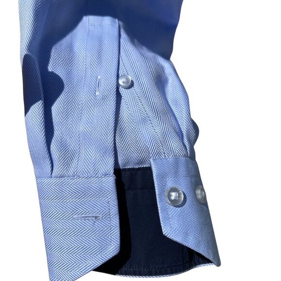 LORENZO UOMO Men's Blue Herringbone Shirt Trim Fit Button Up - 16 (34-35) - Picture 5 of 7